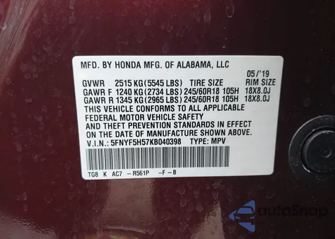 2019 Honda Pilot Ex-L z USA, uszkodzony, nr VIN 5FNYF5H57KB040398